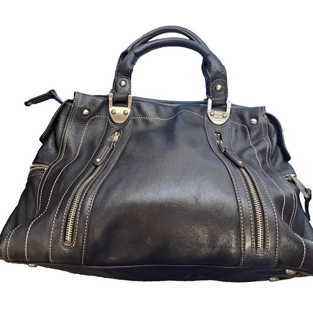 Makowsky Women's Black Satchel Moto Handbag Pebbled Leather - Picture 1 of 6